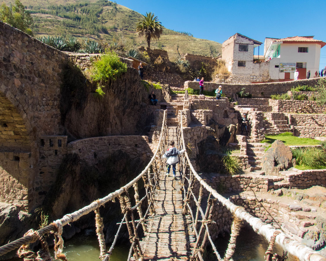 Crossing the Suspension Bridge Inca and Colonial Checacupe in Peru with kids on a 14 day Peru itinerary