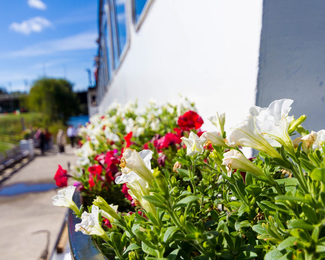 Flowers adorn the upper deck of the Lady Muskoka cruiseship in Bracebridge Ontario