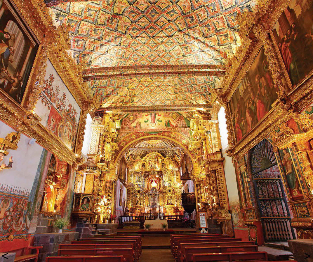 Interior of Iglesia de San Pedro in Andahuaylillas Peru with kids on a 14 day Peru itinerary