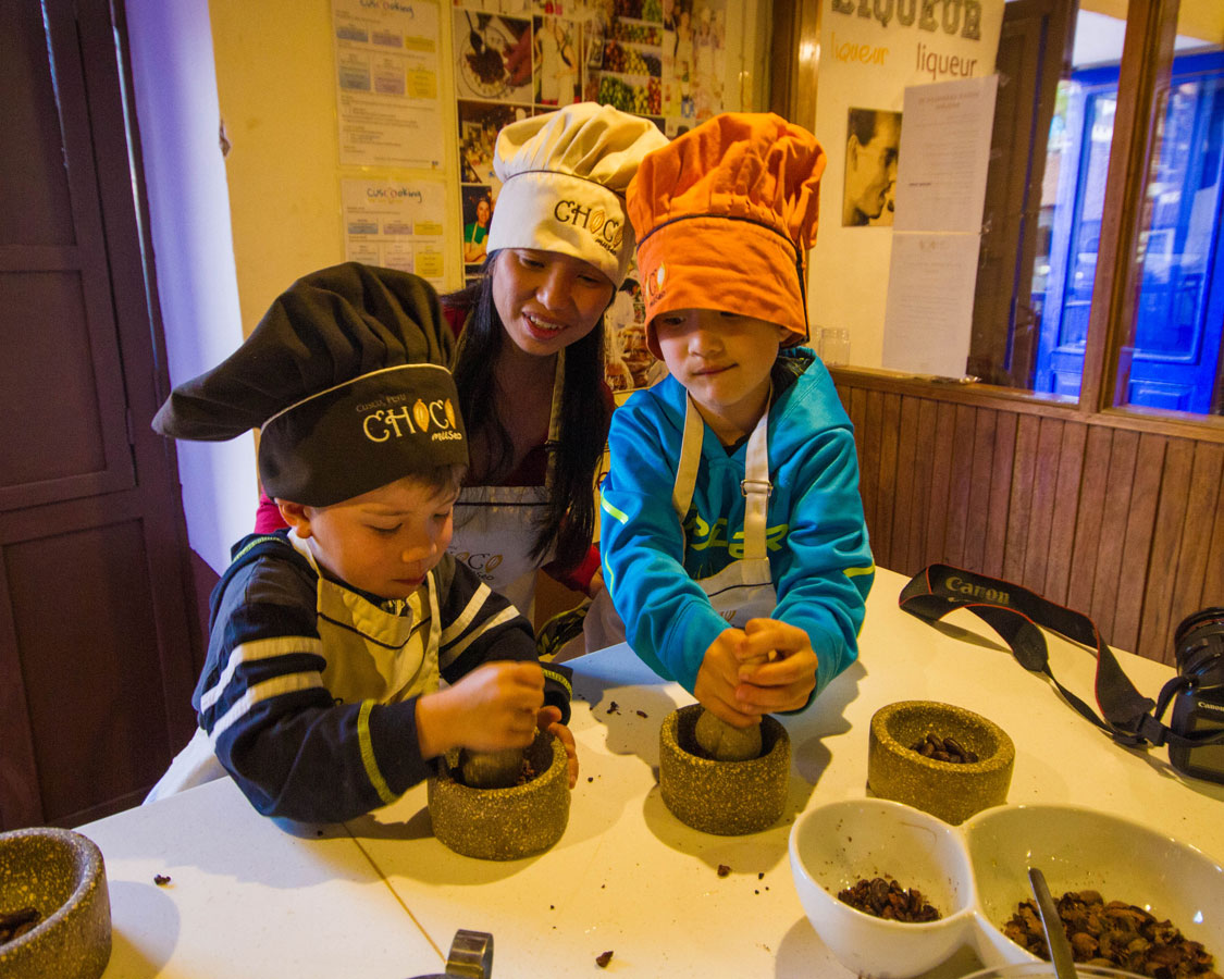 Making Chocolate at the ChocoMuseo in Cusco Peru with kids on a 14 day Peru itinerary