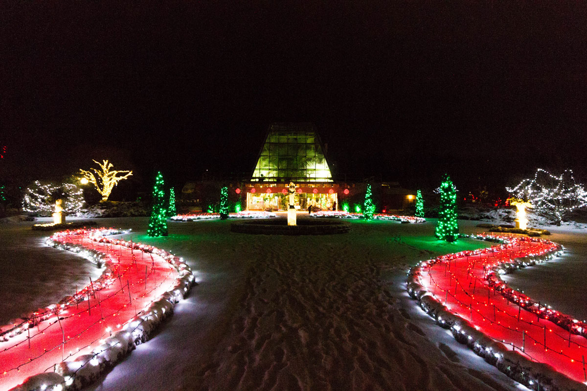 Niagara Falls Floral Showhouse lit up for the Winter Festival of Lights on during winter in Niagara Falls Ontario