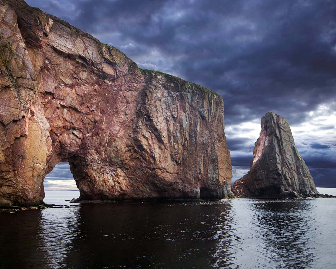 Perce Rock on the Gaspe peninsula stands dramatically out from the gulf of St. Lawrence