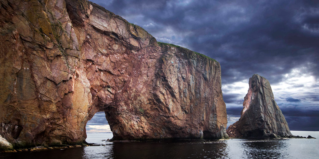 Perce Rock on the Gaspe peninsula stands dramatically out from the gulf of St. Lawrence