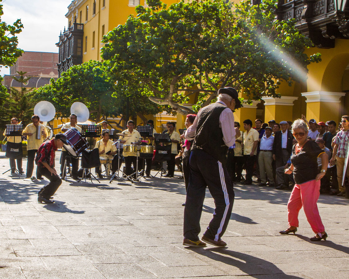 Seniors dance to a live band in the streets of Lima Peru was a lot of fun to watch while we traveled in Peru with kisd