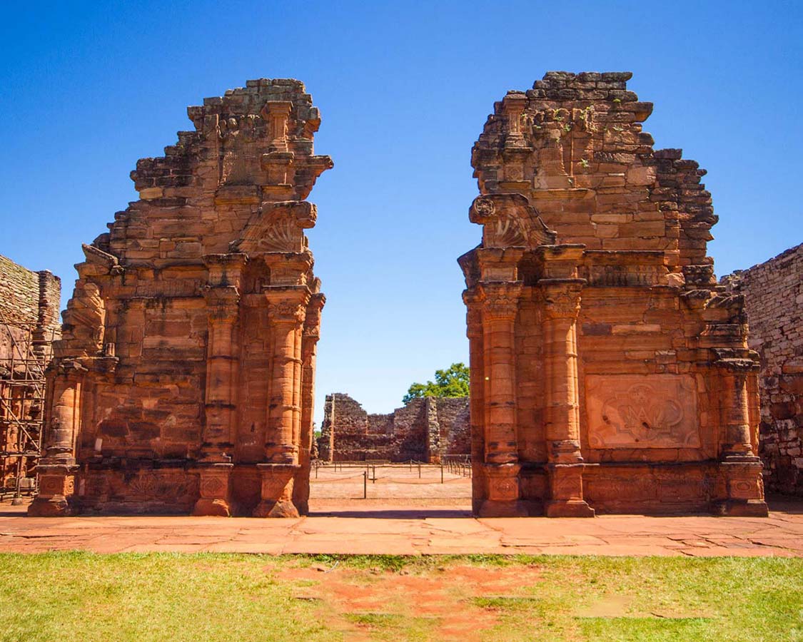 The towering walls of the church of the Jesuit Ruins of San Ignacio Miní in San Ignacio, Argentina