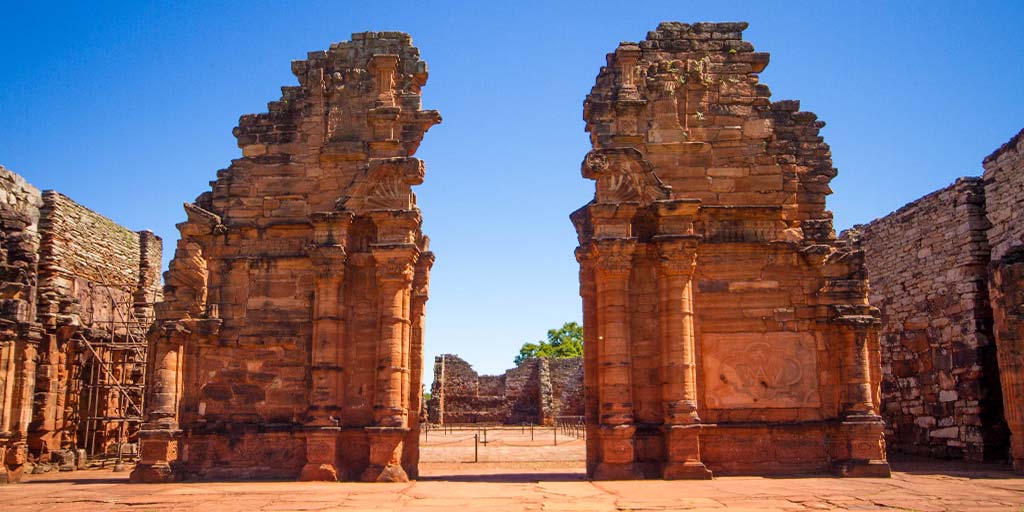 The towering walls of the church of the Jesuit Ruins of San Ignacio Miní in San Ignacio, Argentina