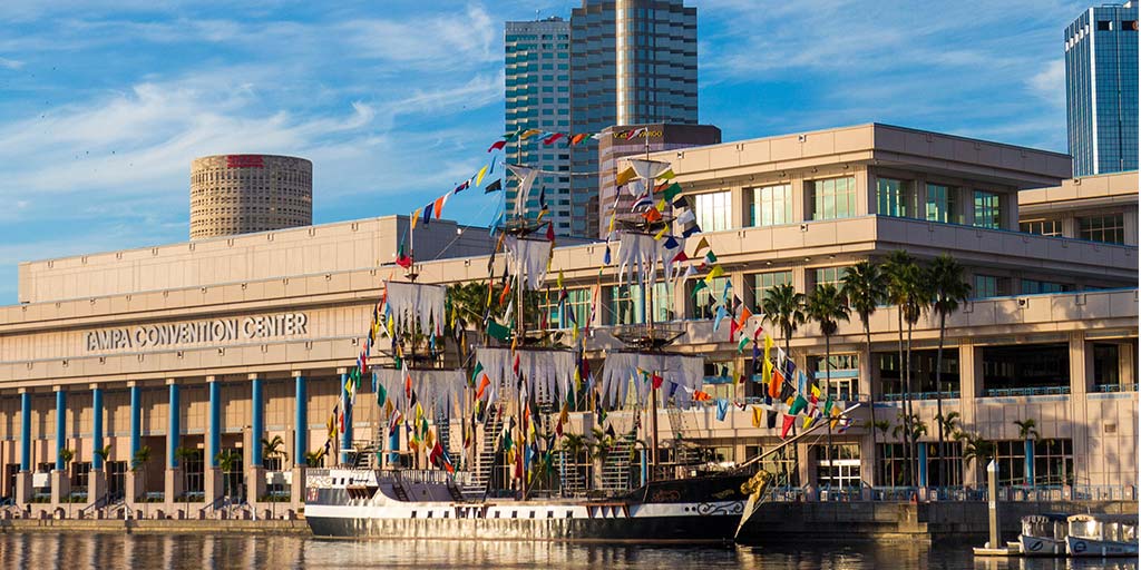 A flag covered boat in Tampa Bay Florida