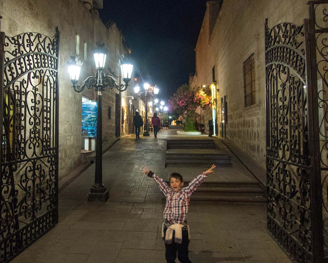 Small alley filled with restaurant -near Plaza dArmas in Arequipa Peru