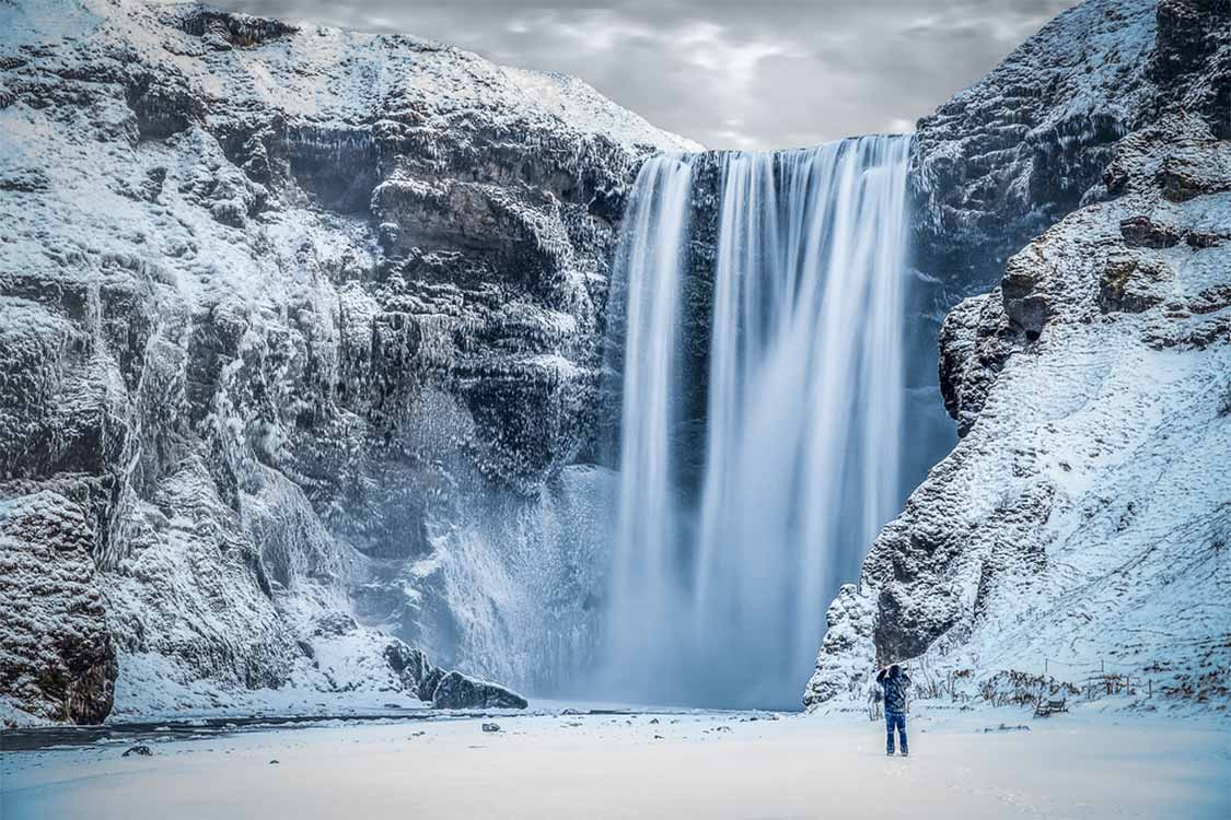 Skogafoss Waterfall in Iceland in winter