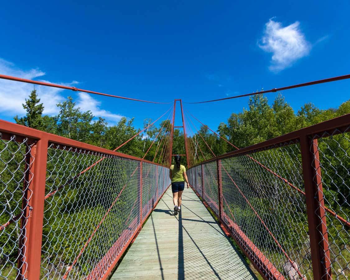 Hiking the suspension bridge in Whiteshell Provincial Park