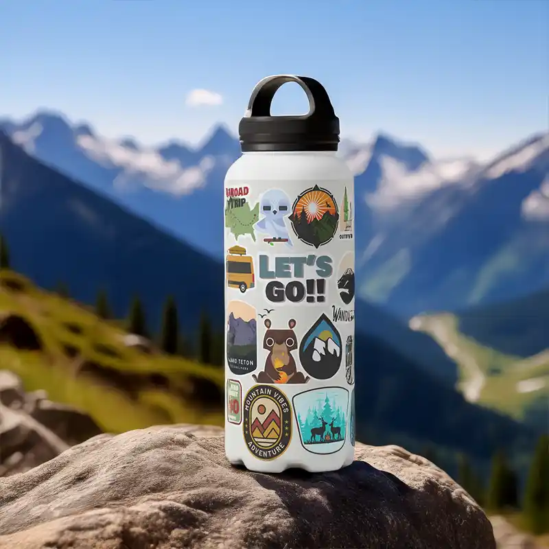 A reusable water bottle covered in adventure stickers sits on a rock on a hiking trail in the mountains