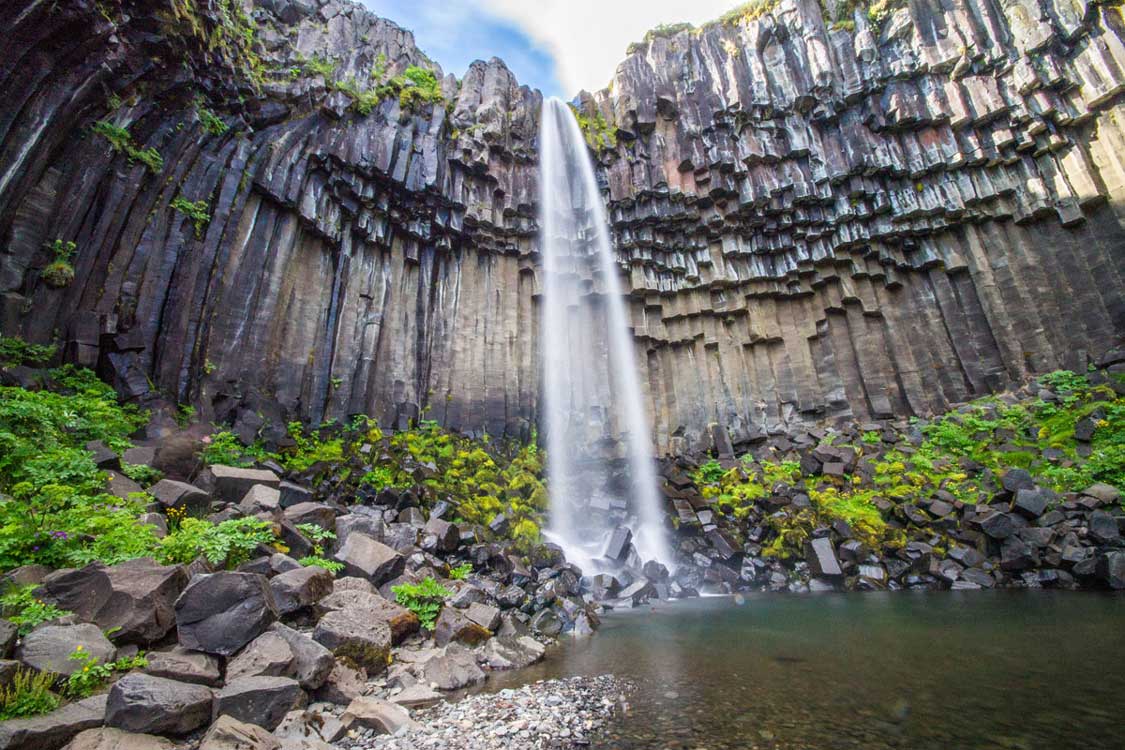 Svartifoss waterfall in Iceland in August