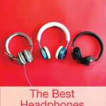 three sets of headphones for kids displayed against a red background