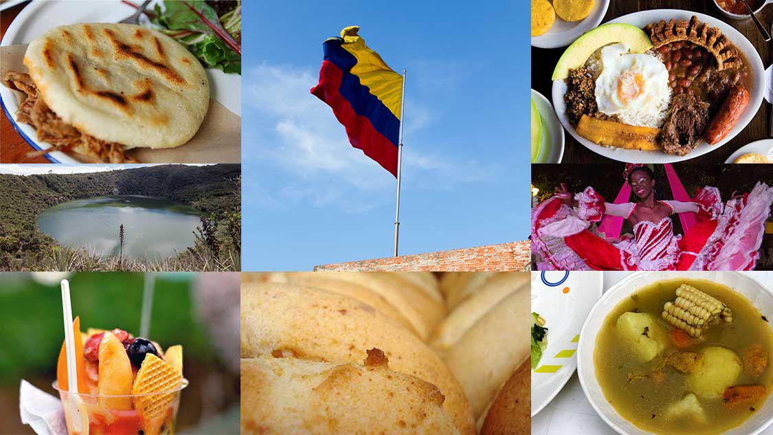 A mix of various Colombian dishes centered around the Colombian flag