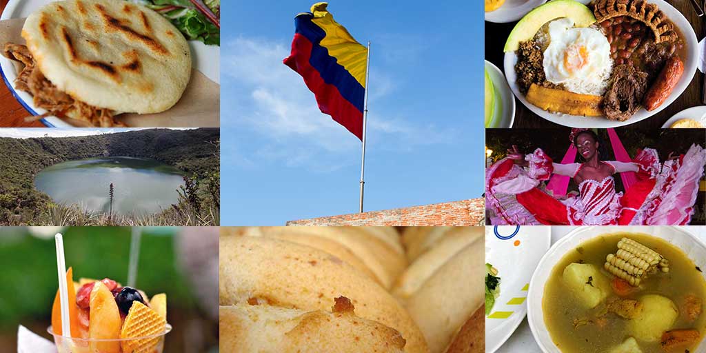 A mix of various Colombian dishes centered around the Colombian flag