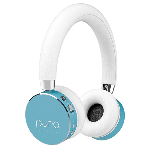 light blue and white headphones for kids with round ear covers and padded white muffs