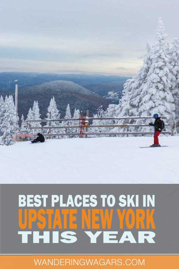 View from an Upstate New York ski resort looking over snow covered mountains and forests