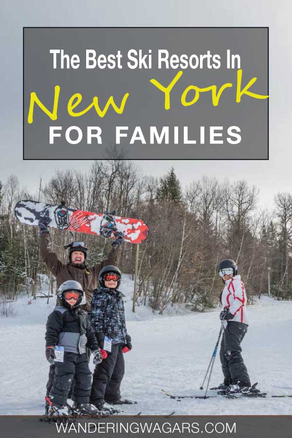 Family celebrating at the bottom of an Upstate New York ski resort