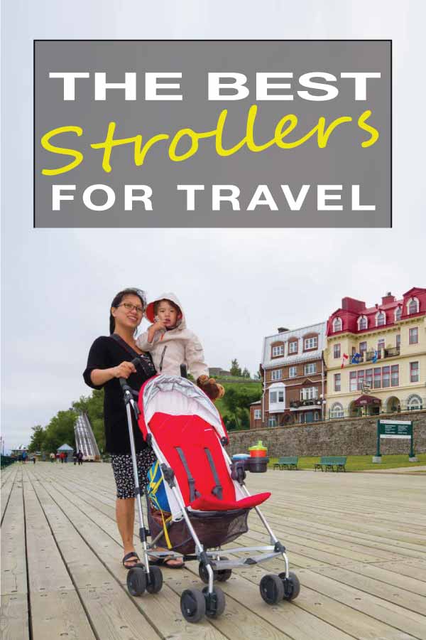 Woman pushing a compact stroller on a Quebec City boardwalk