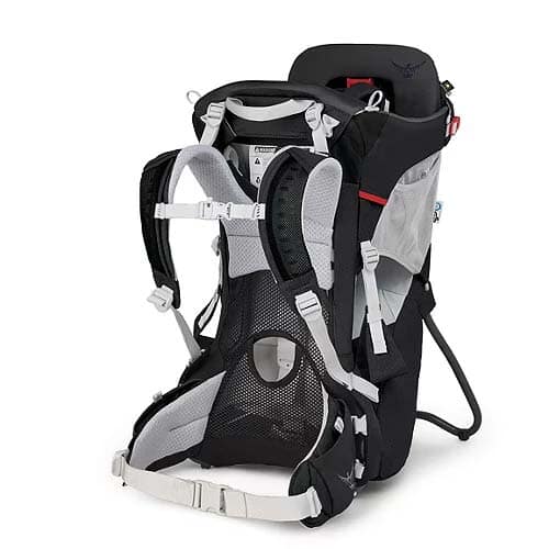 3/4 view of the Osprey Poco kid-carrier backpack in black and white