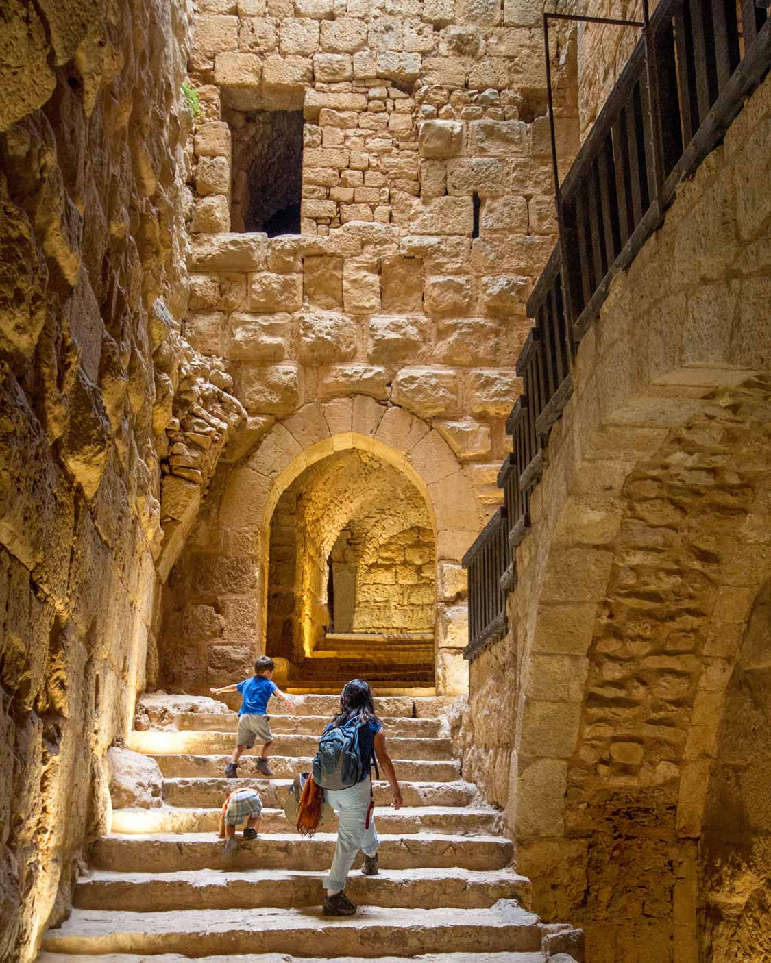 Family exploring the places to visit in Jordan at Aljoun Castle