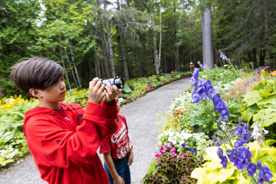 A boy photographs flowers at Jardins des Metis