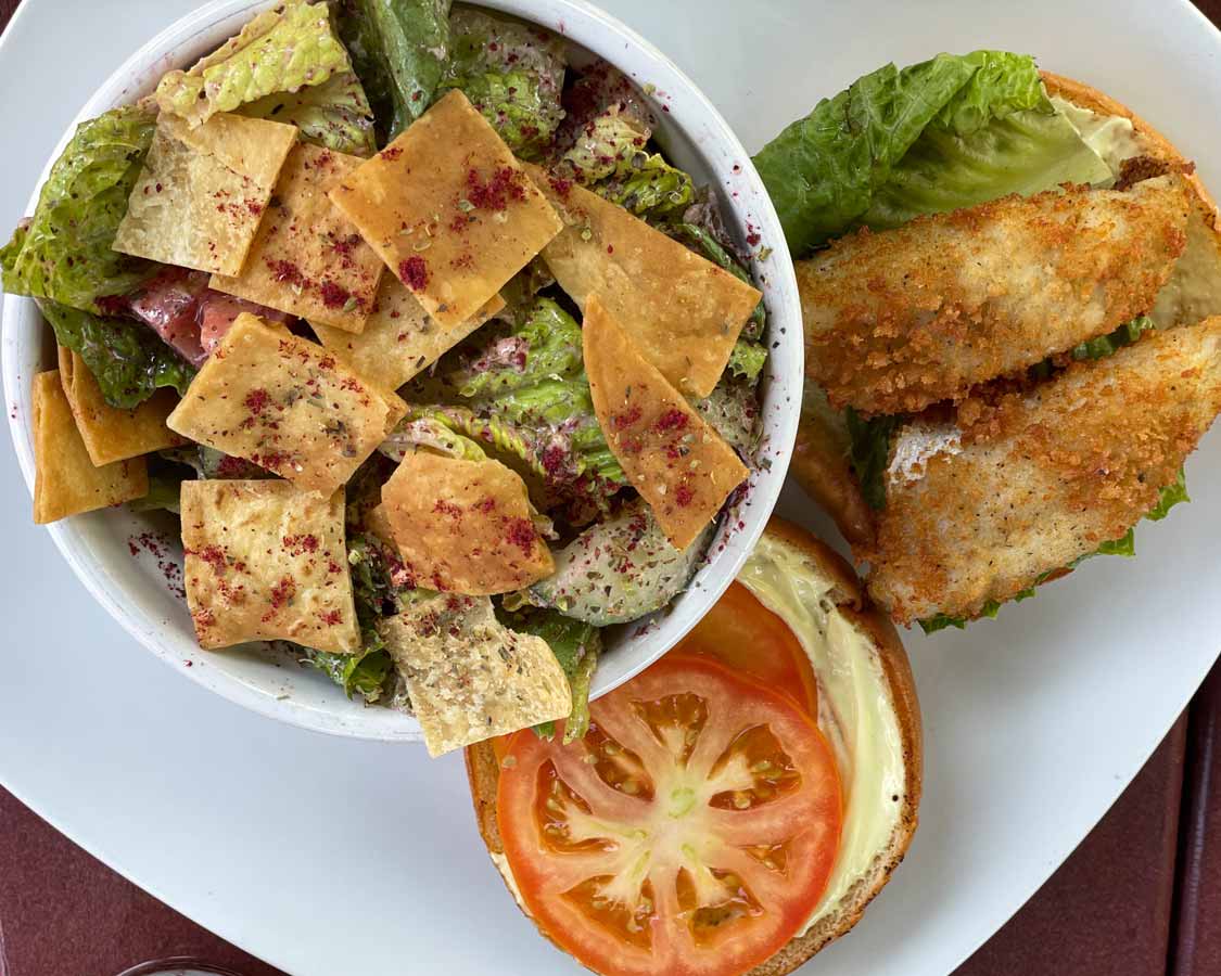 Perch Burger and Fatoush from Freddy's Restaurant in Leamington, Ontario