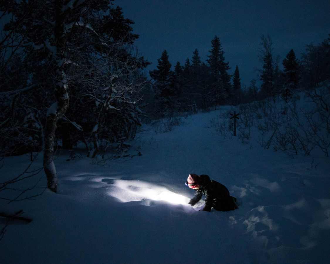 Winter hiking at night in Inari, Finland