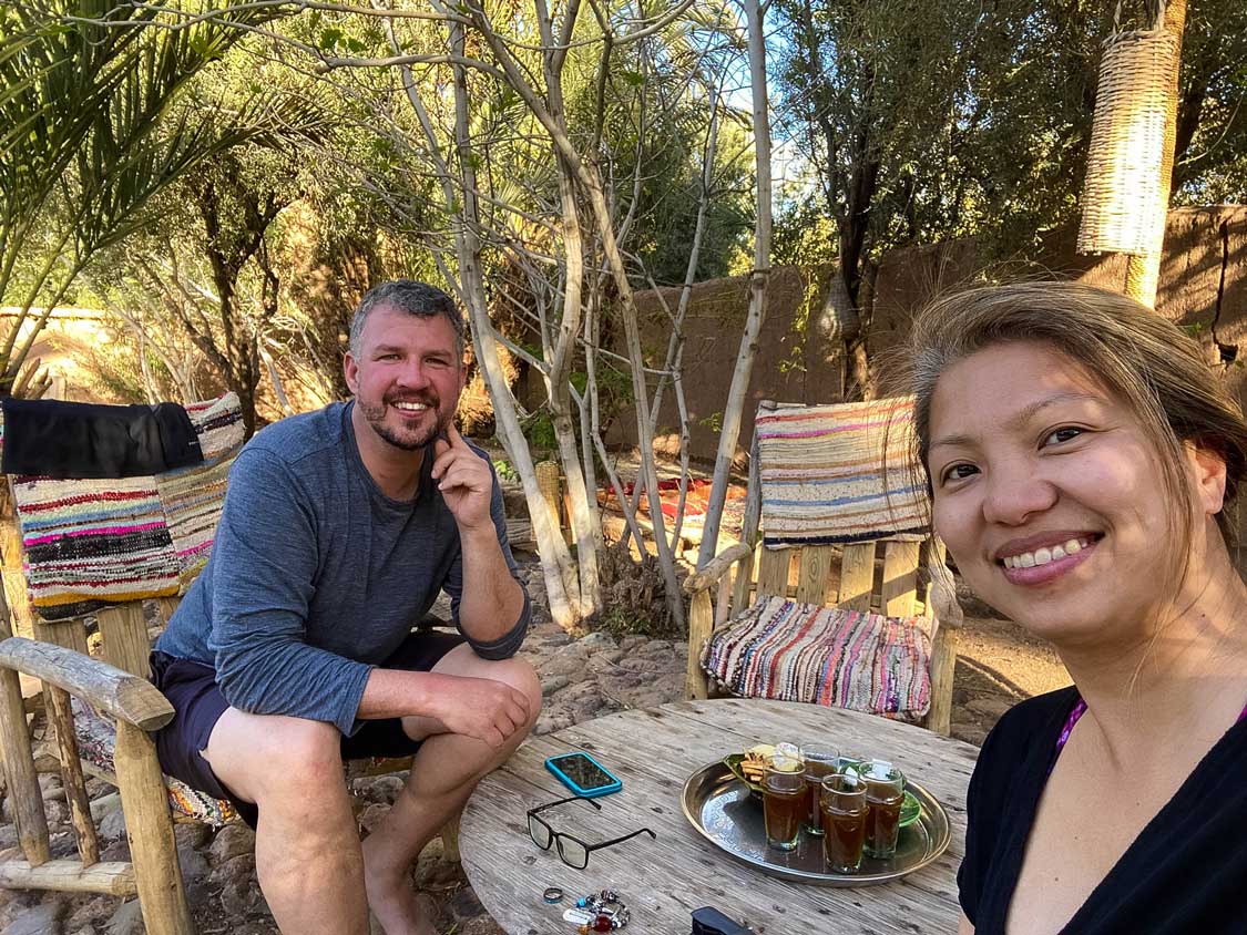 Christina and Kevin Wagar enjoying tea at L'MA Lodge in Soukra