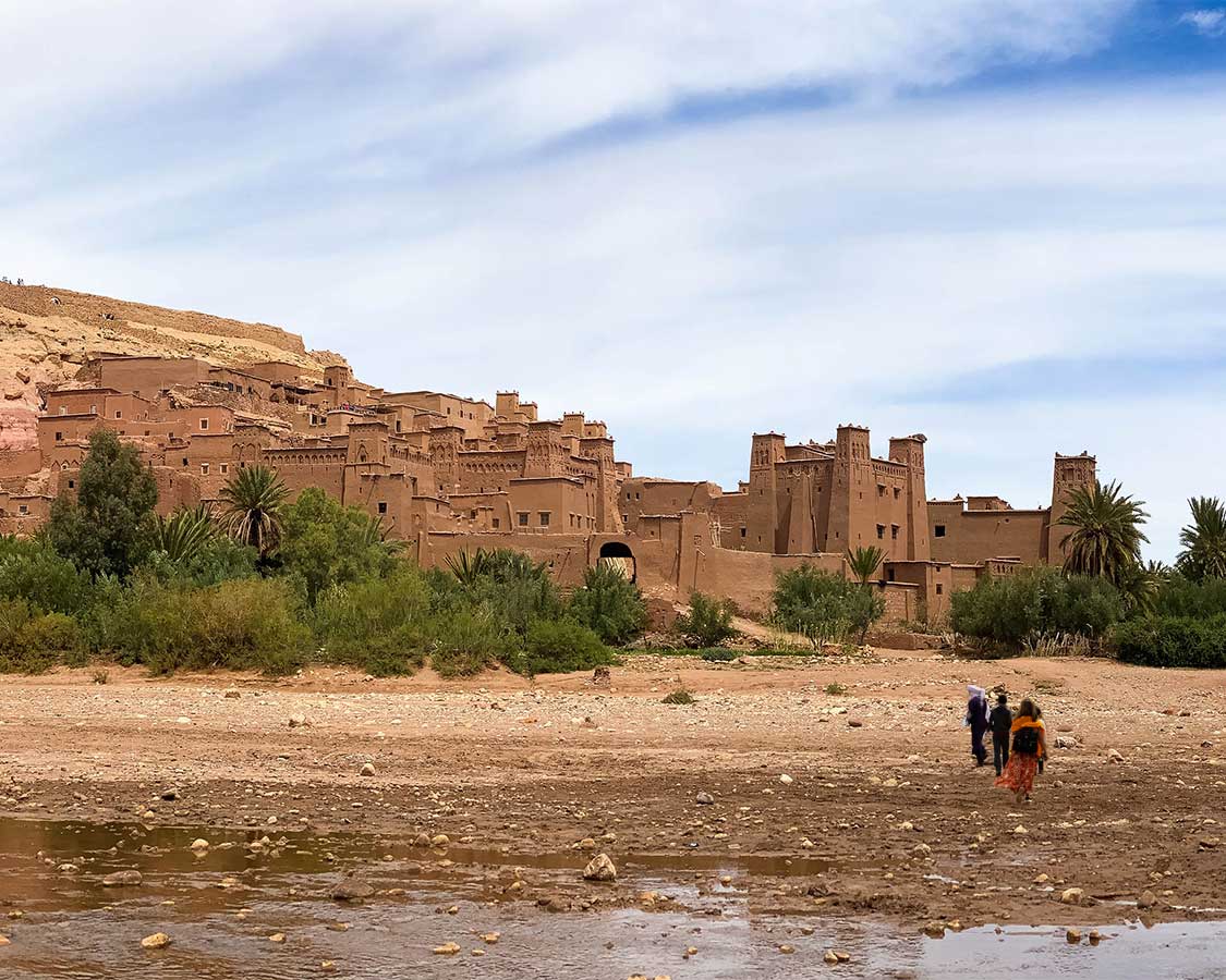 Family hiking to Ait Benhaddou in Ouarzazate, Morocco