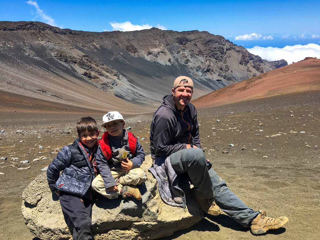 Family hiking the Haleakala Crater on Maui