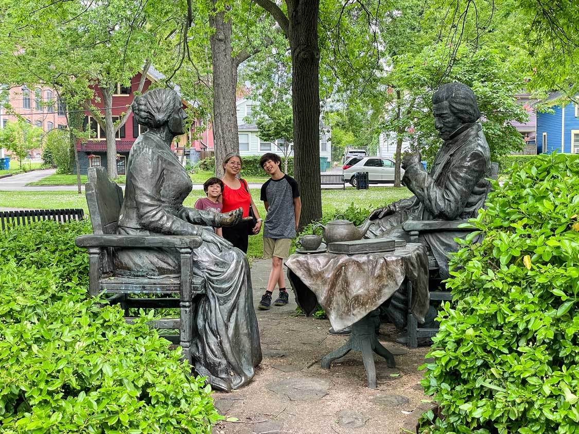 Family at the Susan B Anthony tea statue