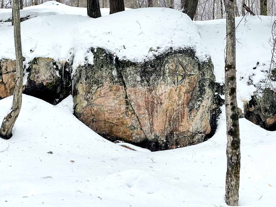 Owl rock carving on the First Nations Trail at Parc Omega