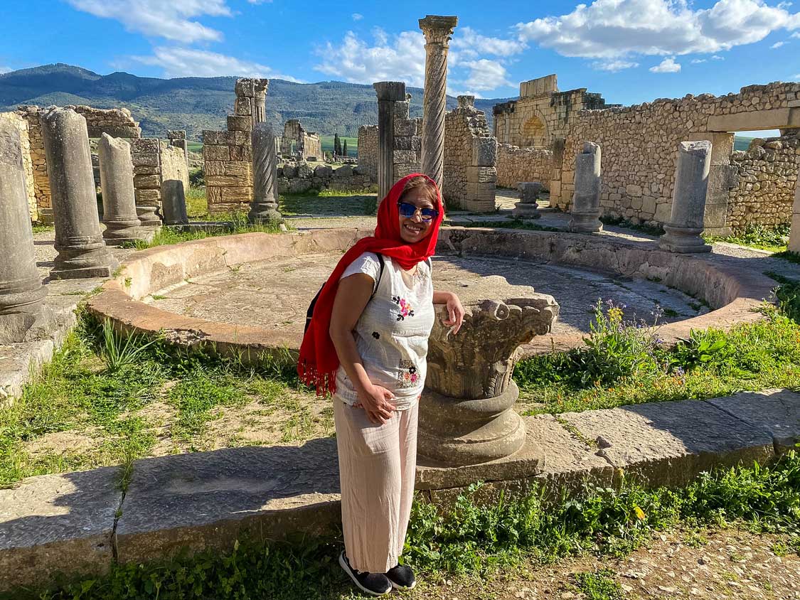 Christina Wagar stands at the House of the Pillars in Volubilis, Morocco