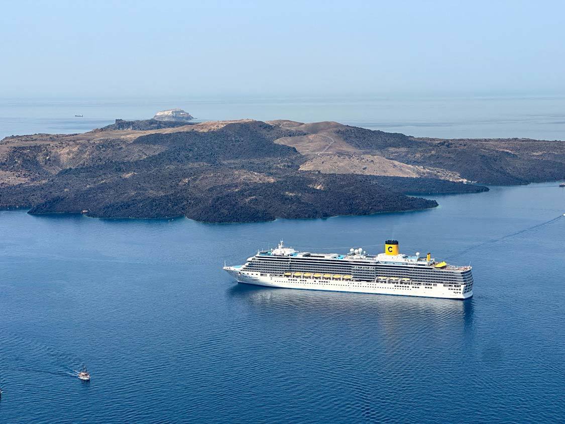 Celestyal Cruise ship docked in Santorini, Greece