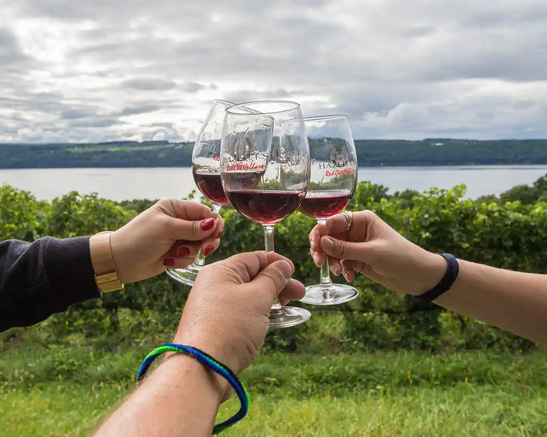 Friends drinking wine at a Finger Lakes winery near Watkins Glen New York