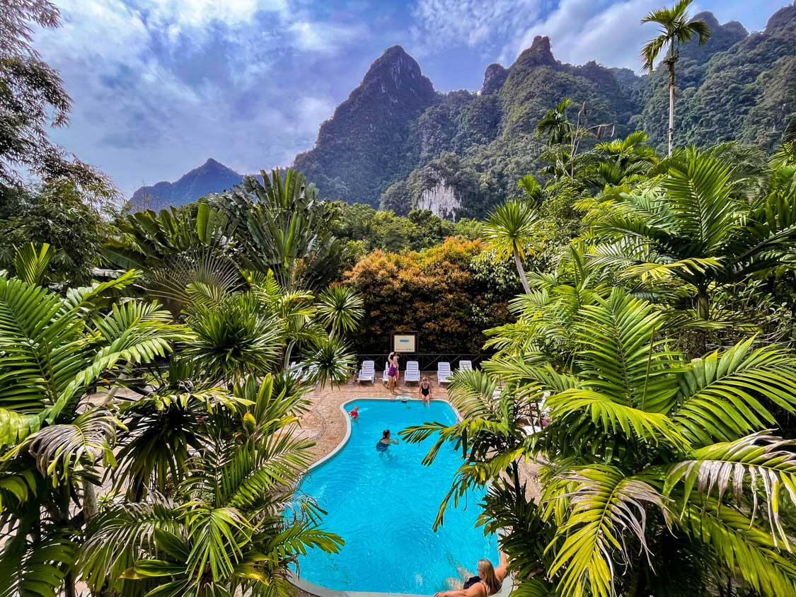 Pool overlooking limestone mountains at Elephant Hills in Khao Sok National Park