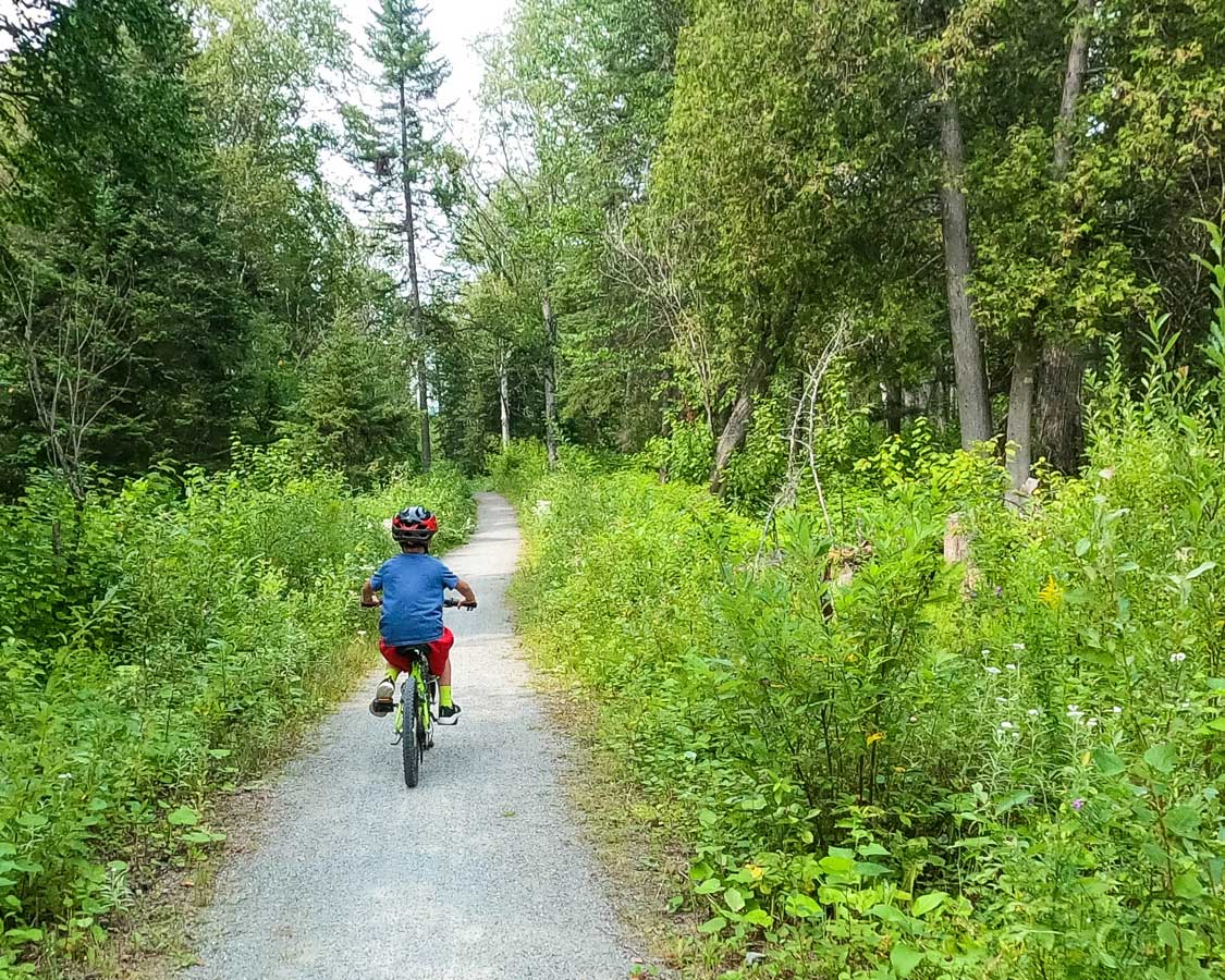 A boy biking through the forest in Sleeping Giant Provincial Park