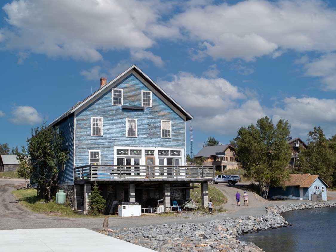 An historic, blue-painted general store in Silver Islet, Ontario