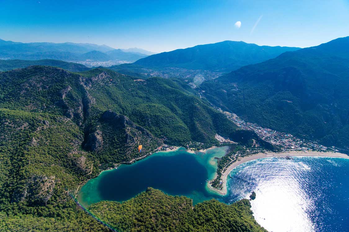 A beautiful blue lagoon in Oludeniz, Turkiye seen from the sky