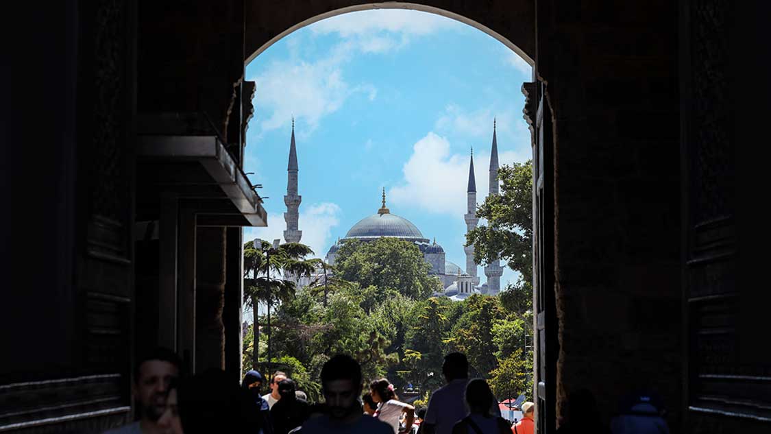 Blue Mosque seen through the doors of Topkapi Palace two of the best things to do in Istanbul