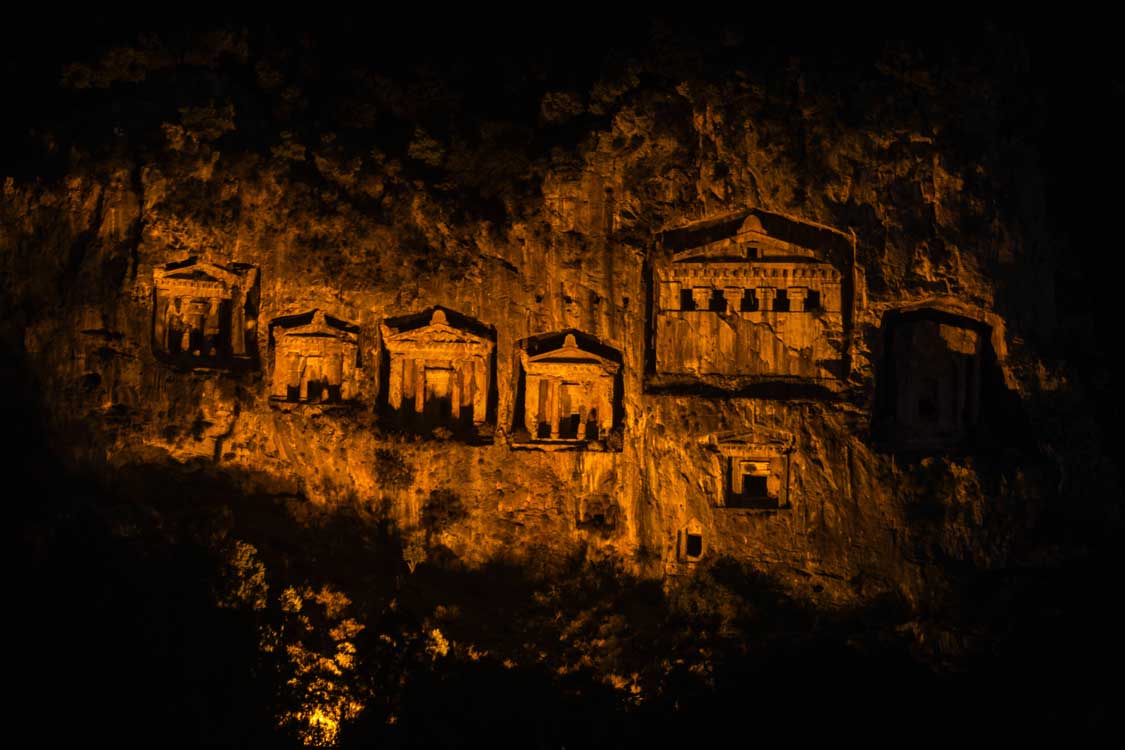 Lycian tombs in Dalyan lit up at night
