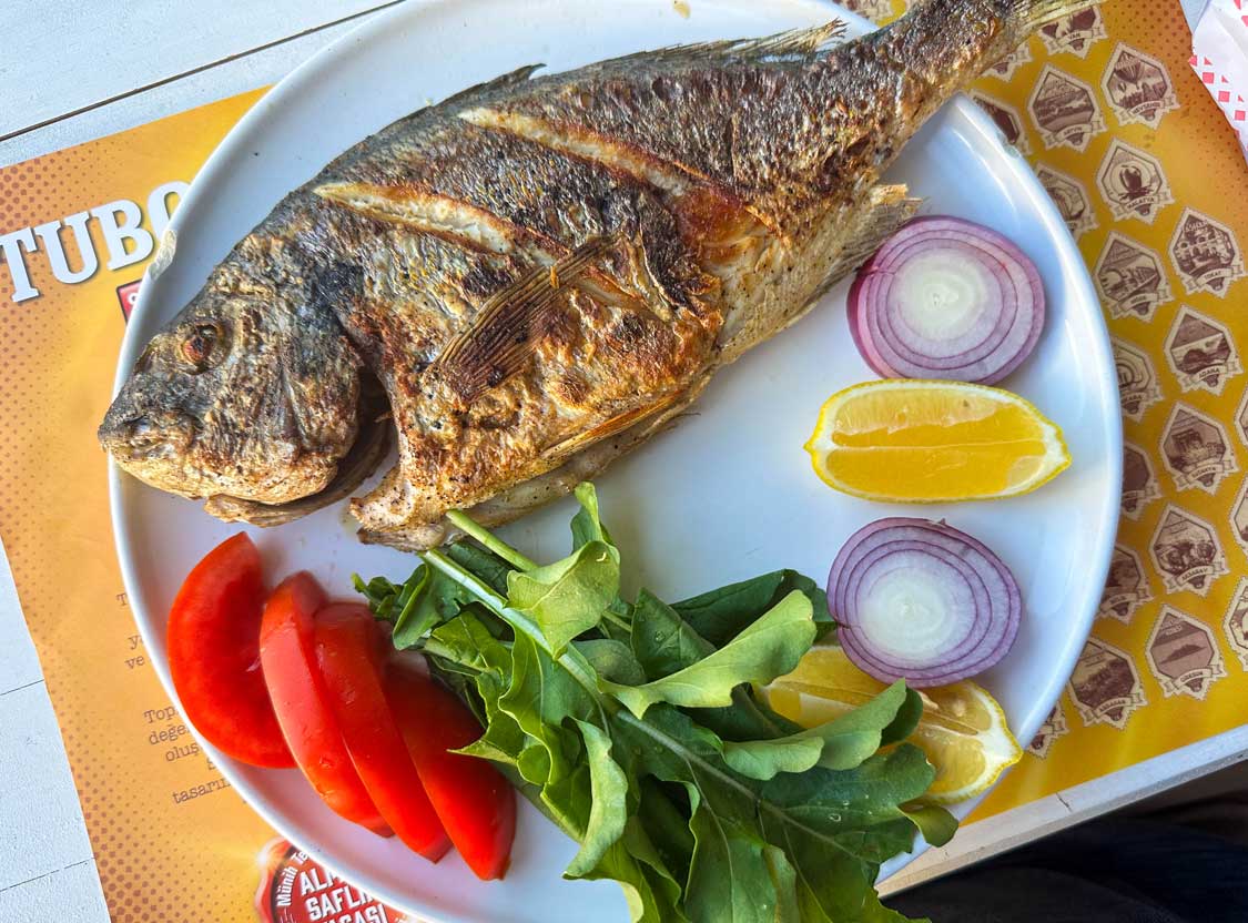 A dish of sea bream with tomato, lettuce, onion, and citrus at a restaurant in Dalyan