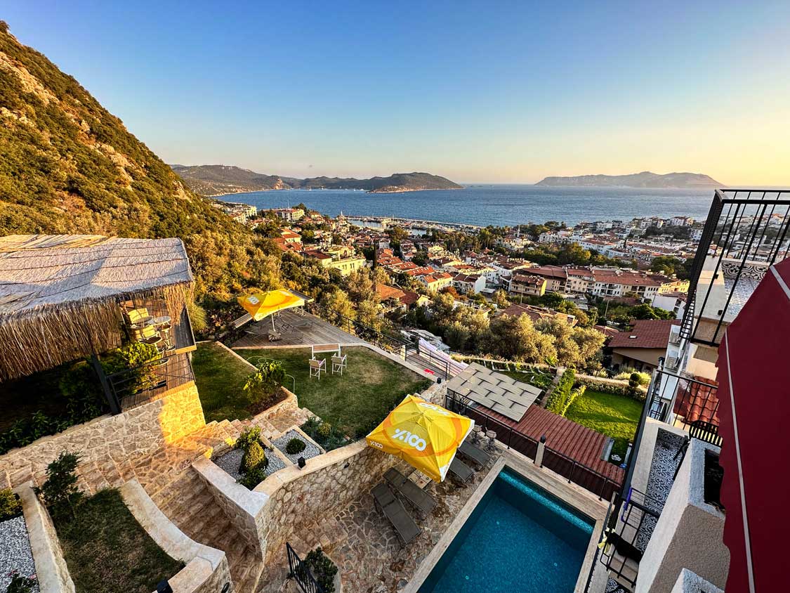 View looking out over the town of Kas and the Mediterranean Sea from Granda Apart