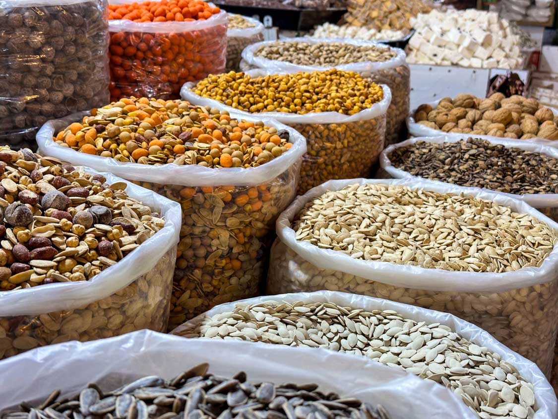 Pails of nuts and spices at the Kas Friday Market