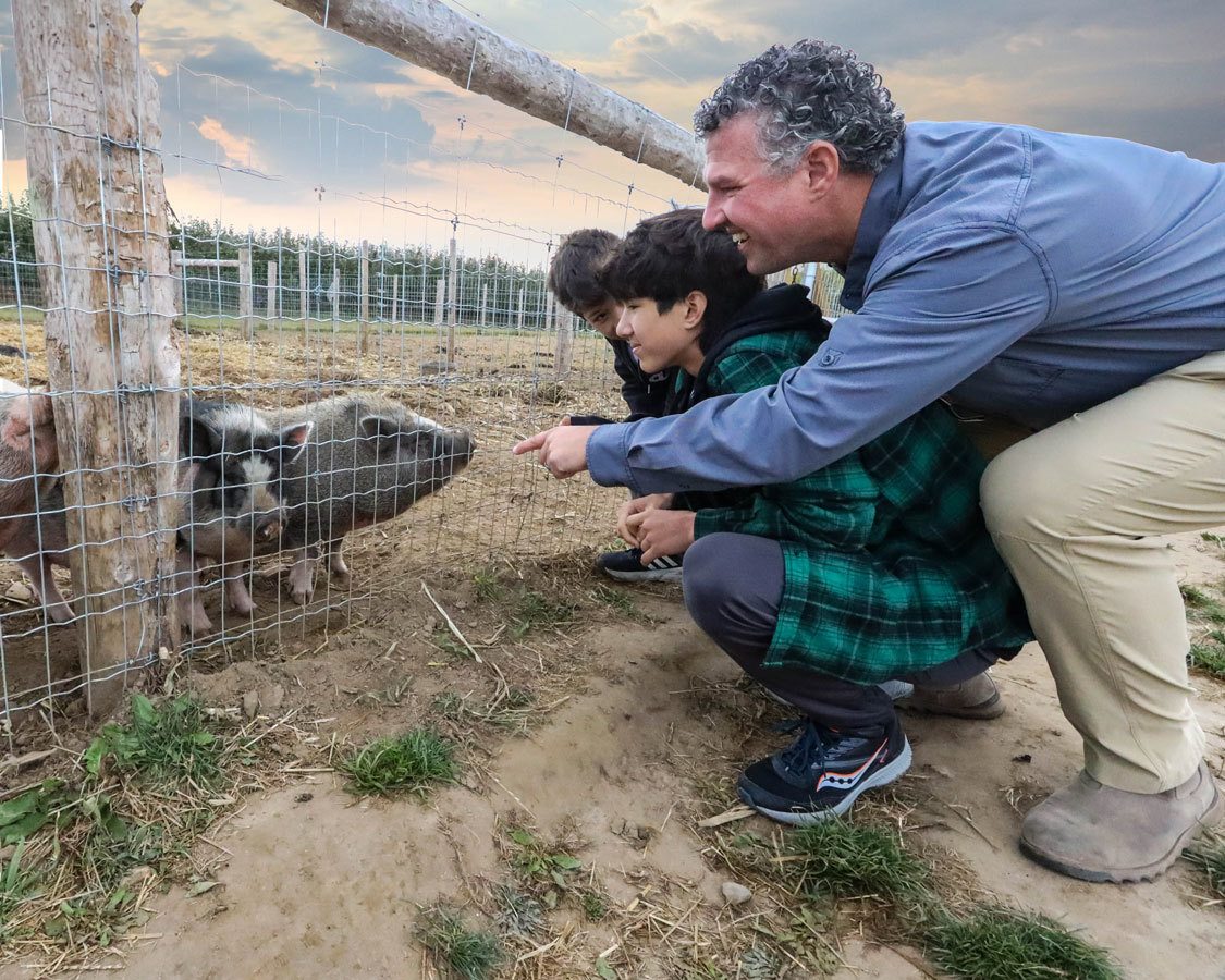 Kevin Wagar and his two sons say hello to pigs at a farm in Mulmur, Ontairo