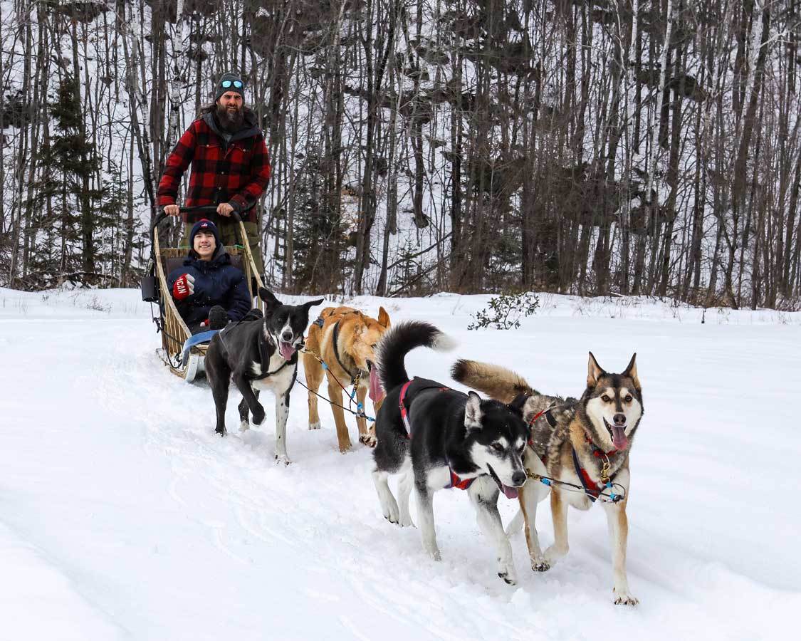 A musher guides a dog sled through the forests of Montebello, Quebec