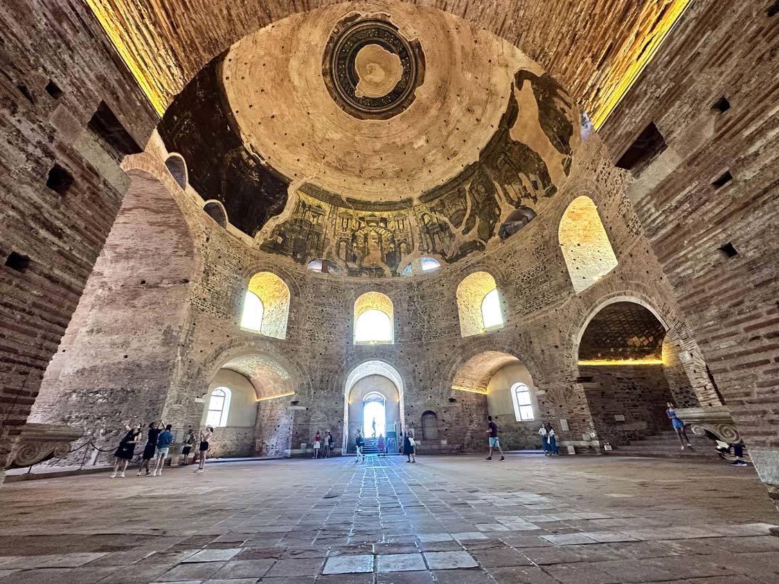 Towering ceilings of the Hagia Sophia church in Thessaloniki, Greece