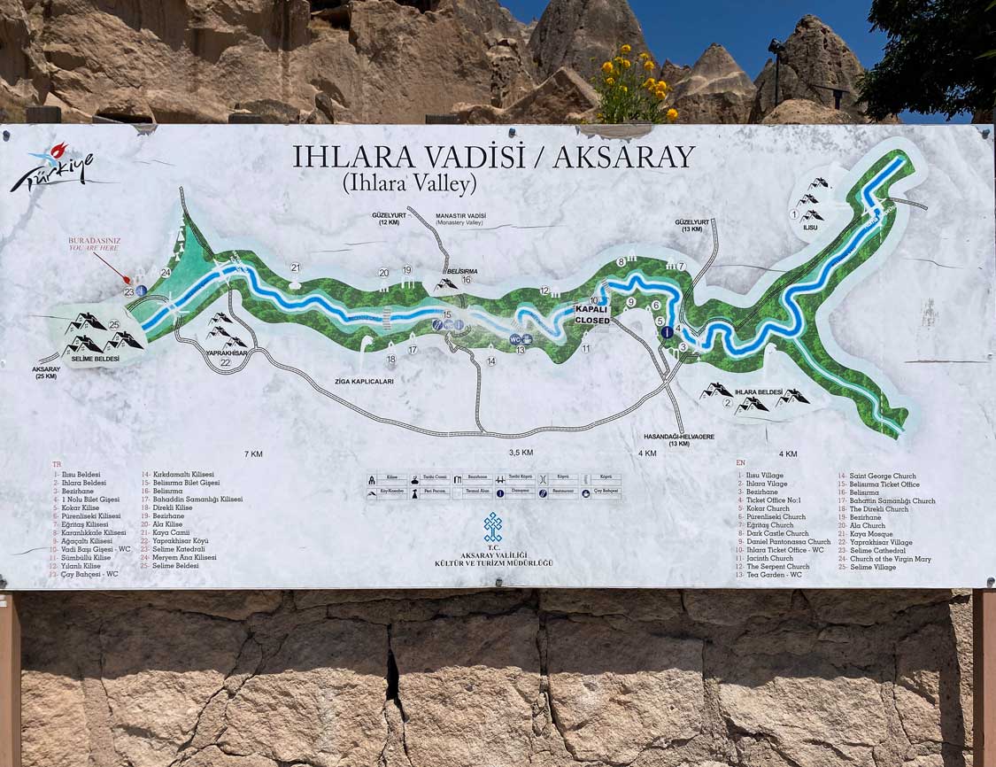 Ihlara Valley Map showing entrance points and church locations