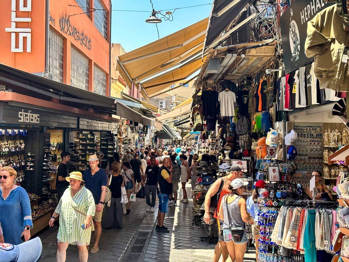 Crowds shopping at the Monastiraki Market in central Athens